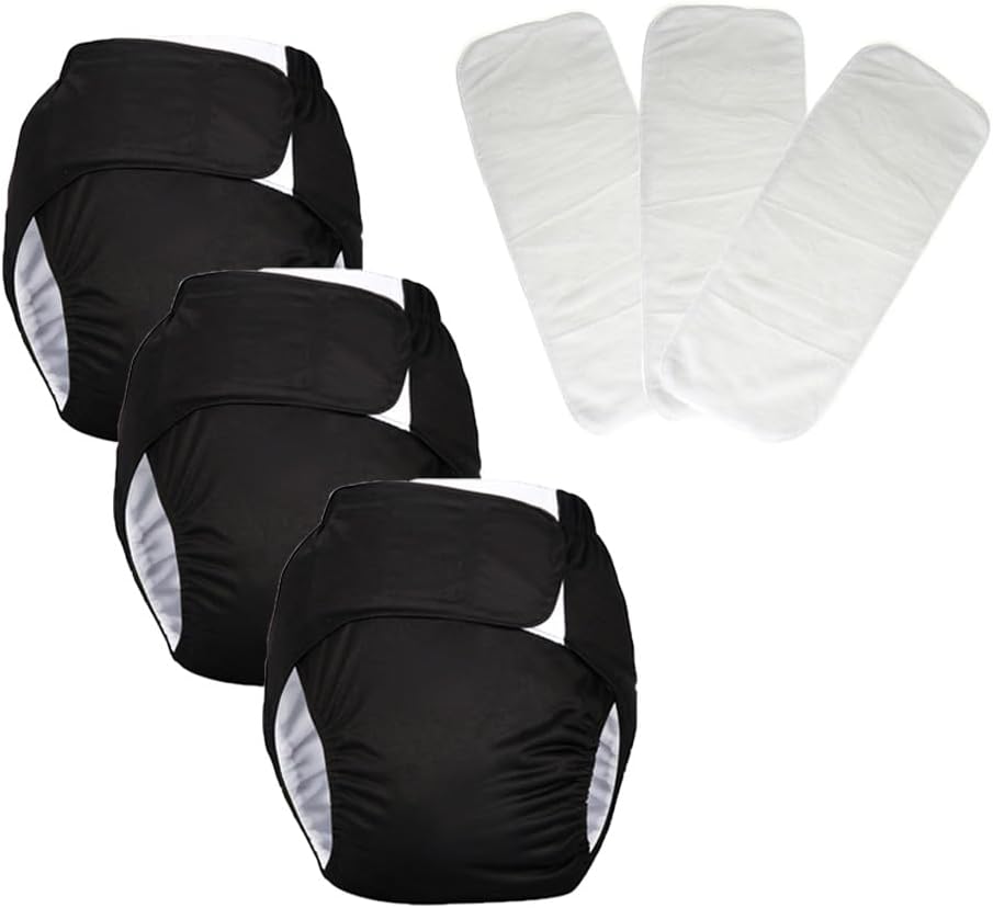 3 Pack Adult Cloth Diapers, Reusable Diaper Underwear, Washable, Elderly Care Protective Diaper, Adjustable Waist Circumference for Both Men and Women Black,XL