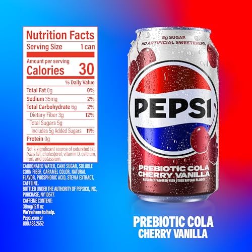 Pepsi Prebiotic Cola, Cherry Vanilla, 12 fl oz Cans (8 Pack), 30 Calories, 5g Prebiotic Fiber, 5g Sugar, Soda Pop Cola
