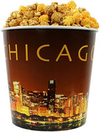 Signature Popcorn – Gourmet 1-Gallon Gold Chicago Skyline Reusable Plastic Bucket Tin, Perfect Duo (Cheddar Cheese & Caramel Popcorn Mix) - Holiday, Party & Corporate Gift