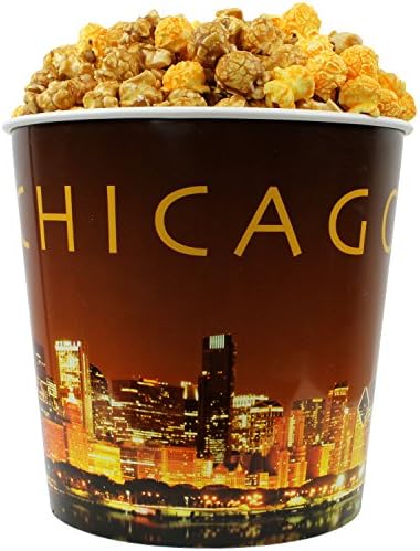 Signature Popcorn – Gourmet 1-Gallon Gold Chicago Skyline Reusable Plastic Bucket Tin, Perfect Duo (Cheddar Cheese & Caramel Popcorn Mix) - Holiday, Party & Corporate Gift