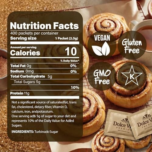 Dolce Vitta Premium Raw Sugar Packets 400 Count – Turbinado Cane Sugar Packets, All-Natural Pure Cane Sugar, Non-GMO, Bulk Individual Packets for Coffee
