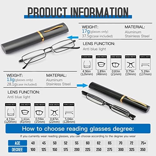 touk Small Portable Reading Glasses Anti Blue Light UV, Compact Slim Pocket Readers with Mini Pen Clip Tube Case 2 Pairs