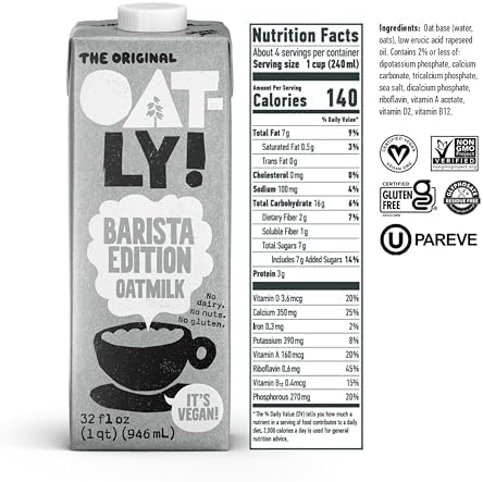 Oatly Barista Edition Oat Milk - Crafted for Coffee | Dairy-Free, Plant-Based, Shelf-Stable Milk that makes Perfect Foam (32 oz, 12-pack)