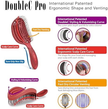 NuWay DoubleC Pro Professional Detangling Hair Brush – Patented Double Curve Scalp Care Brush for Gentle Detangling, Blow-Dry Styling & Wet or Dry Hair (Red)