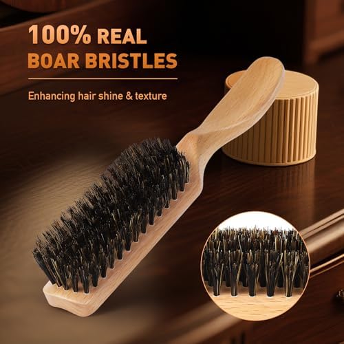 Boar Bristle Hair Brush for Men - Slick Back Hair Brush - Mens Hairbrush with Stiff Bristles & Wooden Handle, for Thick, Fine & Normal Hair Smoothing Styling Adding Shine, Beard Mustache Brush Comb
