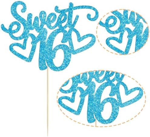 Gyufise 1Pc Sweet Teenager 16 Cake Topper Glitter 16th Birthday Cake Pick for Cheers to 16 Years Old 16th Birthday Party Cake Decorations Supplies Light Blue