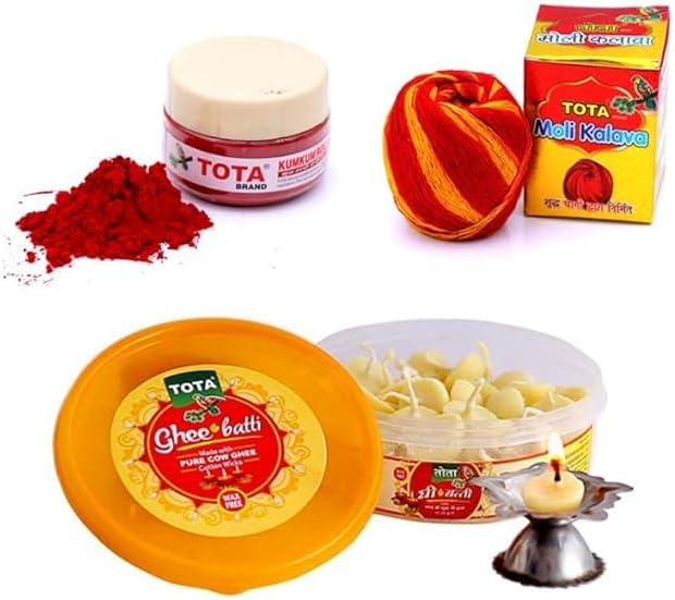 TOTA Combo of Kumkum Roli, Cow Ghee Wicks and Moli Kalawa for Pooja Thali, Hawan, Tilak - Pack of 3 - Indian Puja Items