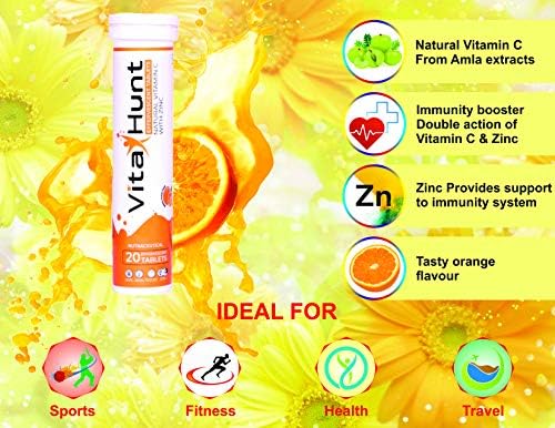 Vitamin C 1000 mg with Zinc- Antioxidants - Immune Support - 20 Effervescent Tablets - Orange Flavour
