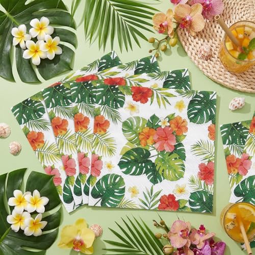 NatNarr 100pcs Hawaiian Napkins, 2-Ply Tropical Paper Napkins Disposable Luau Hibiscus Floral Cocktail Napkin for Aloha Birthday Decorations, Summer BBQ, Pool and Beach Party, 5 Inch