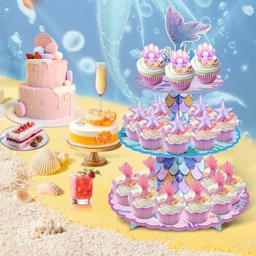 BACUTHY 2 Pack Mermaid Cupcake Stand Birthday Party Decorations, Under The Sea Supplies Favors with Mermaid Tail Toppers for Little Girl, Baby Shower