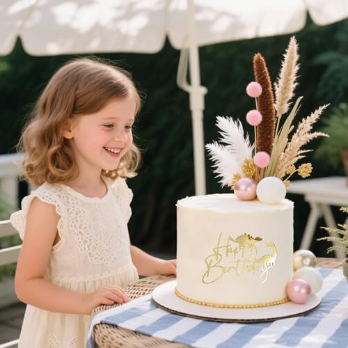 Acrylic Dinosaur Happy Birthday Cake Topper - Golden Animal Theme Cake Decorations, Suitable for Children's Birthday Party Cake Decor Supplies