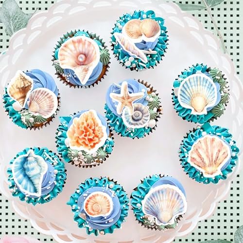 52PCS Edible Sea Shells Cupcake Toppers Edible Conch Sea Snail Cupcake Picks for Beach Party Wedding Cupcake Decorations Ocean Baby Shower Boys Girls Birthday Cake Decorations Supplies