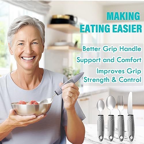 Nourislif Adaptive Utensils 4pcs For Hand Tremors,Elderly, Arthritis,Parkinsons-Built Up Utensils For Adults 2.5oz Each, Silverware Set With Handle, Flatware Cutlery Set For Seniors