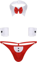 Lejafay 4Pcs Mens Waiter Lingerie Set Cosplay Tuxedo G-String Thong Underwear with Bow Tie Collar