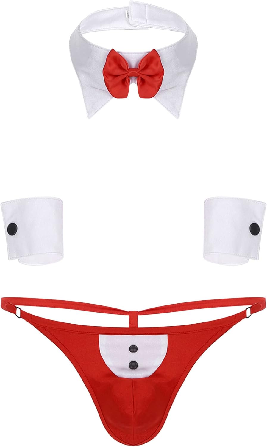 Lejafay 4Pcs Mens Waiter Lingerie Set Cosplay Tuxedo G-String Thong Underwear with Bow Tie Collar