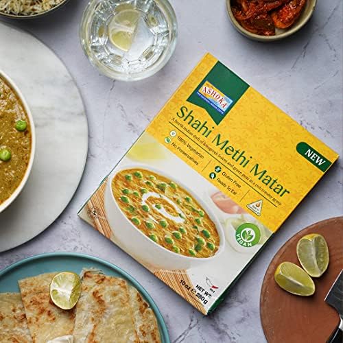 Ashoka Ready to Heat Vegan Curries 1932, Fenugreek Leaves & Green Peas, All-Natural Curry, Shahi Methi Matar, Kosher Certified, Camping Friendly Indian Food, Gluten-Free, No Preservatives, Pack of 1