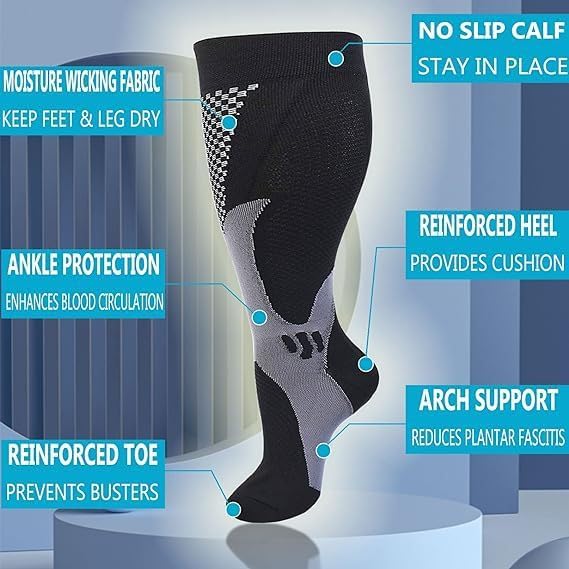 6 Pairs Plus Size Compression Socks Wide Calf for Men Women 20-30mmhg for Running Travel Flight Teachers