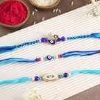 Raksha Bandhan Premium Set of 3 Evil Eye Rakhi for Brother with Raksha Bandhan Greeting Card & Roli Chawal Tika | Designer Evil Eye Rakhi for Small Brother | Evil Eye Elephant Rakhi for Bhaiya Brother