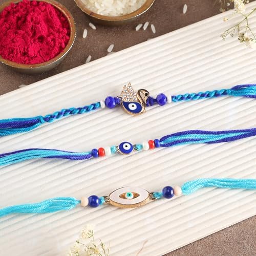 Raksha Bandhan Premium Set of 3 Evil Eye Rakhi for Brother with Raksha Bandhan Greeting Card & Roli Chawal Tika | Designer Evil Eye Rakhi for Small Brother | Evil Eye Elephant Rakhi for Bhaiya Brother