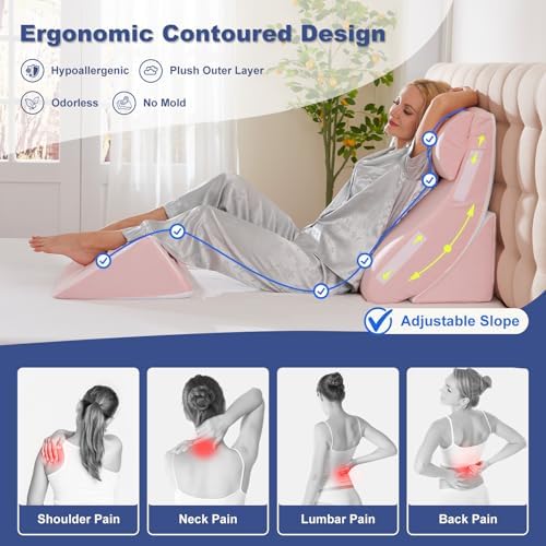 WSOFRLAC 4PCS Orthopedic Bed Wedge Pillow Set for Post Surgery Recovery - Adjustable Memory Foam Support Pillows for Back/Leg/Shoulder Pain Relief, Acid Reflux & Anti Snoring Sleeping System, Pink