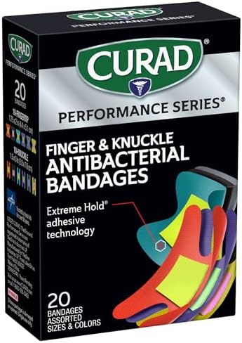 Curad Performance Series Fingertip and Knuckle Antibacterial Bandages, Extreme Hold Adhesive Technology, Fabric Bandages, 20 Count