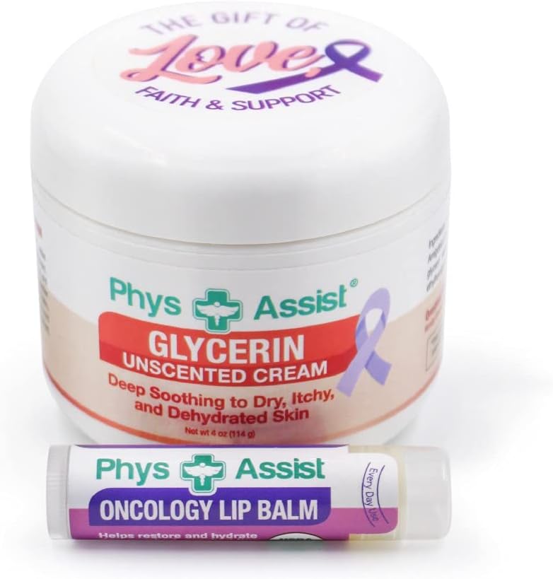 PhysAssist Oncology Glycerin Unscented Cream Deep Soothing Moisturizer. Made specially for those with Fragrance Intolerance after Radio and Chemo PLUS Peppermint Lip Balm