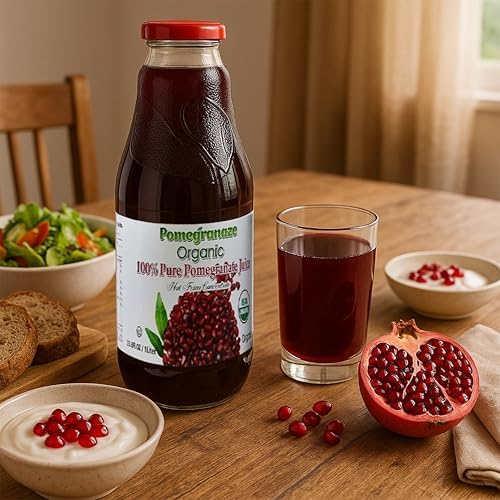 100% Organic Pomegranate Juice, 33.8 Oz Glass Bottle (2 Pack) No Sugar, No Artificial Colors, No Preservatives, No Flavors Added, Gluten Free and Kosher