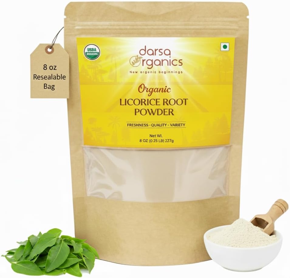 Darsa Organics Licorice Root Powder 8oz - USDA Organic Mulethi Powder (Glycyrrhiza Glabra) - Pure Licorice Root Herb for Tea, Baking and DIY Skincare - Non-GMO, Gluten-Free, Comes in Resealable Pouch