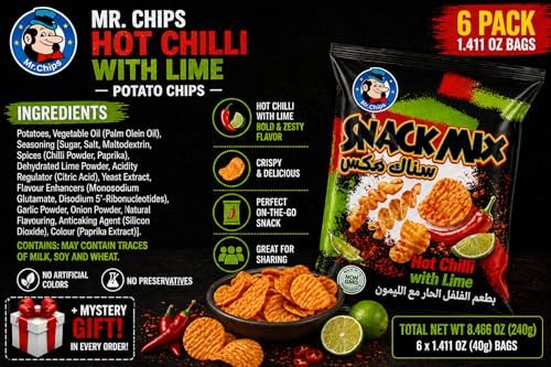 Mr. Chips Hot Chilli with Lime Potato Chips, 1.411 oz Bags (Pack of 6) | Spicy Chili Lime Crispy Snack Chips | Imported Individual Snack Size Bags | Crunchy Potato Chips | Bundled by SUPERDEALS with Mystery Gift