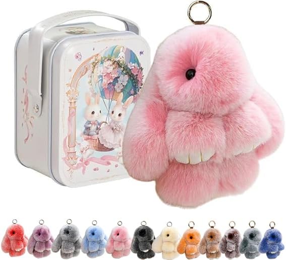 HUBAI Fuzzy Bunny Keychain with Tin Box, Cute Soft Easter Gift Plush Keychain for Backpack, Bag Charm Gift Key Chain