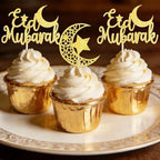 LaVenty Ramadan Cake Topper Gold Eid Cake Decorations Supplies Moon Stars Cake Cupcake Food Decor for Mubarak Decorations