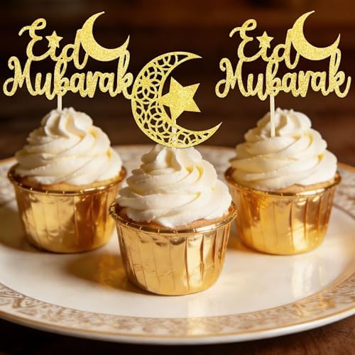 LaVenty Ramadan Cake Topper Gold Eid Cake Decorations Supplies Moon Stars Cake Cupcake Food Decor for Mubarak Decorations