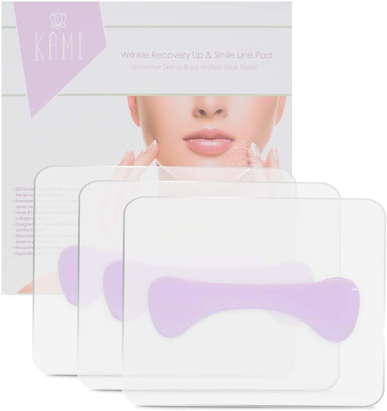 Kami Pure Anti-Wrinkle Lip & Smile Line Silicone Pad – Reusable Collagen Patch for Lip Wrinkles | Hydrating, Plumping & Smoothing Anti-Aging Facial Mask | Hypoallergenic – 3 Pack