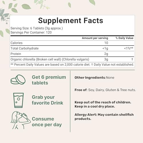 Organic Chlorella Tablets, 500mg Per Tablet, 720 Tabs (360 Grams), 4 Months Supply, Broken Cell Wall, Rich in Vegan Protein & Vitamins, No Filler, No Additives & Non-GMO | Pure Green Algae Superfood