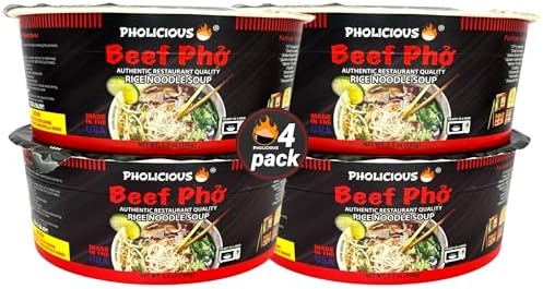 PhoLicious Instant Beef Pho, Authentic Vietnamese Rice Noodle Soup Kit with Spices & Broth Mix, Ramen Noodles Alternative, Quick Microwave Meal - Pho Noodles Bowl - Beef Flavor (4 Pack)