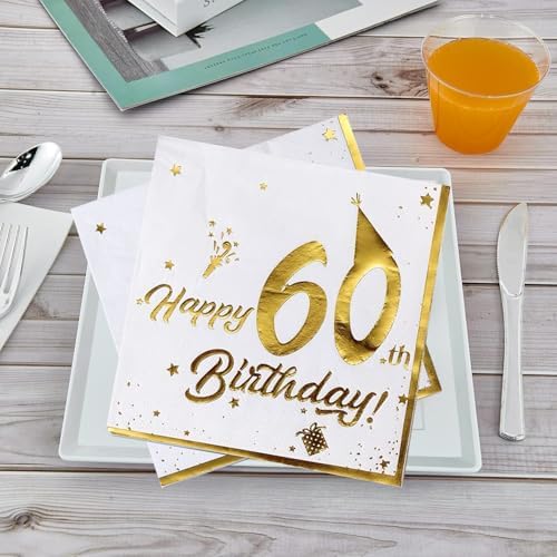 60th Birthday Napkins Gold - 40 Count 13 Inch Disposable Dinner Napkins for 60th Birthday Party Anniversary Decorations (White with Golden Foil)