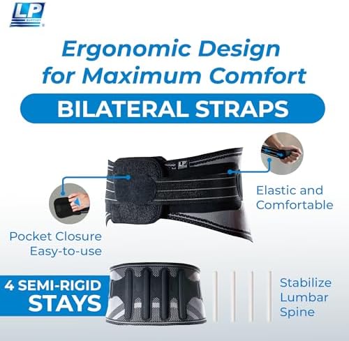 LP SUPPORT Lumbar Back Brace for Lower Back Support - 4 Semi-Rigid Stays with Bilateral Straps, Breathable Knit - For Weightlifting, Heavy Lifting - Men & Women (Large)