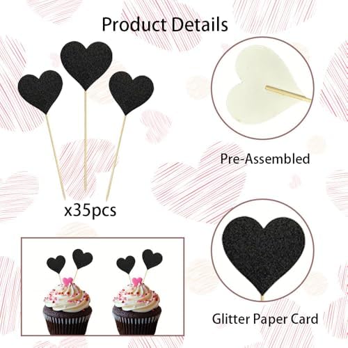 35 PCS Black Heart Cupcake Toppers Glitter Sweet Love Cupcake Picks Bridal Shower Party Decorations for Love Theme Wedding Engagement Birthday Valentine's Day Party Cake Decorations Supplies
