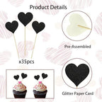 35 PCS Black Heart Cupcake Toppers Glitter Sweet Love Cupcake Picks Bridal Shower Party Decorations for Love Theme Wedding Engagement Birthday Valentine's Day Party Cake Decorations Supplies