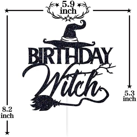 Black Glitter Birthday Witch Cake Topper, Happy Booday/Happy Halloween, Halloween Themed Birthday Party Decorations for Girls Women