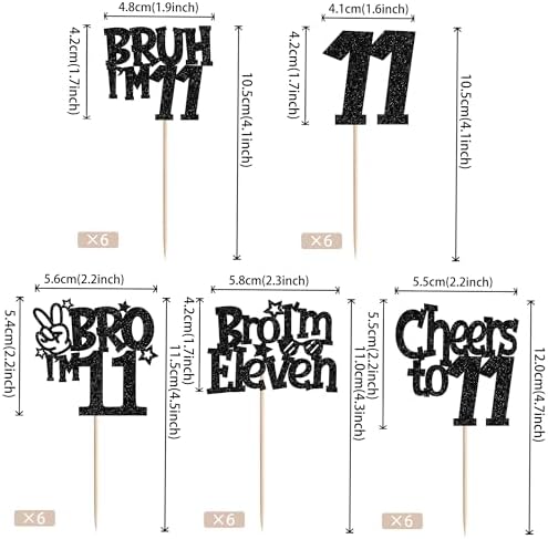 30 PCS Bro I'm 11 Cupcake Toppers Glitter Happy 11th Birthday Cupcake Picks Bruh I'm 11 Cake Decoration Cheers to Eleven Years for Boys Brother 11th Birthday Party Cake Decorations Supplies Black