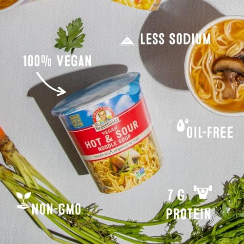 Dr. McDougall's Hot and Sour Vegan Ramen Soup - Spicy Instant Ramen Noodle Cups - Non-GMO Instant Hot Noodles - Oil-Free Soup 1.9 Ounces - Pack of 6