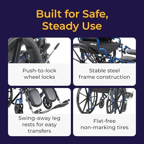 Drive Medical Blue Streak Lightweight Foldable Wheelchair - Enhanced Mobility Support - Durable Construction - Padded Comfort - Swing-Away Leg Rests - Desk Arms - Blue/Black - 18 Inch Seat