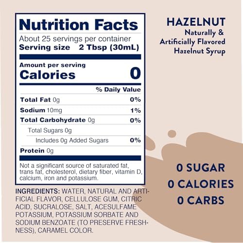 Jordan's Skinny Mixes Sugar Free Coffee Syrup, Hazelnut Coffee Flavoring Syrup, Zero Calorie Drink Mix, Lattes, Baking, Protein Shake or Cocktail, Dairy & Gluten Free, Kosher, 25.4 Fl Oz