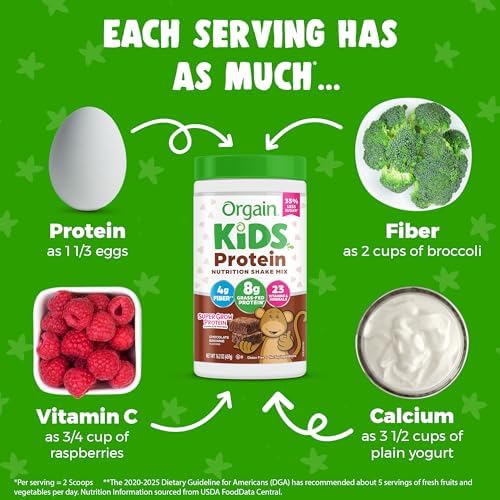 Orgain Kids Protein Powder Shake Mix, Chocolate Brownie - 8g Grass-Fed Dairy Protein, 4g Fiber, 23 Vitamins & Minerals, Gluten Free, No Soy Ingredients, Adds Healthy Nutrients to Kids Snacks, 1lb