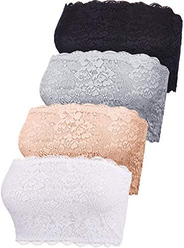 Boao 4 Pieces Women Floral Lace Bandeau Bra Strapless Cleavage Cover Tube Top Elastic Seamless Stretchy No Pad Bandeau Bra