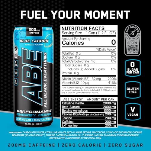 All Black Everything Sugar Free Energy Drink | Blue Lagoon | 0 Calories | 12 Pack | 200mg Natural Caffeine | Pre-Workout Sport Drink for Men and Women