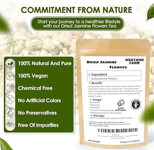 Nhat Anh Farm - Dried Jasmine Flowers - Pure Jasmine Buds 3.5oz(100g) Natural & Pure - Dried Jasmine Flowers Sugar/Caffeine/Gluten Free. Making Tea, Baking
