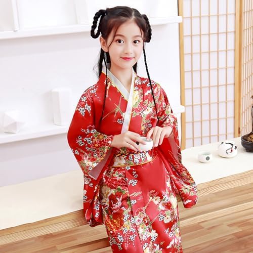 Halloween Costumes for Girls Japanese Anime Kimono Geisha Robe Outfit with Accessories 5pcs(120CM)Red