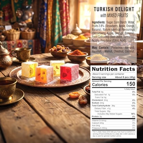 Hazer Baba Turkish Delight Candy with Real Strawberry, Apple, Orange & Banana Flavors, 4.4oz (Pack of 1), Gourmet Snack Box, Traditional, Vegan, Lokum, Loukumi, Delicias Turcas, Halal, Kosher